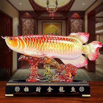 アロワナ（招財金龍魚）の彫刻 赤オレンジ 樹脂製 アロワナ（招財金龍魚）の彫刻 赤オレンジ 樹脂製 アロワナ